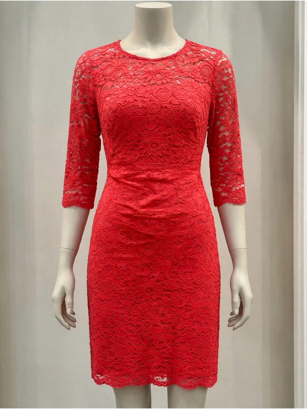 Ralph Lauren Coral-Red Lace Midi Dress with Three-Quarter Sleeves